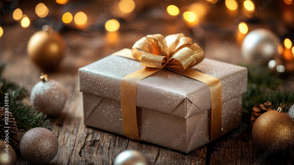 Shimmering Silver Christmas Gift Box on Wooden Table Shimmering Silver Christmas Gift Box on Wooden Table