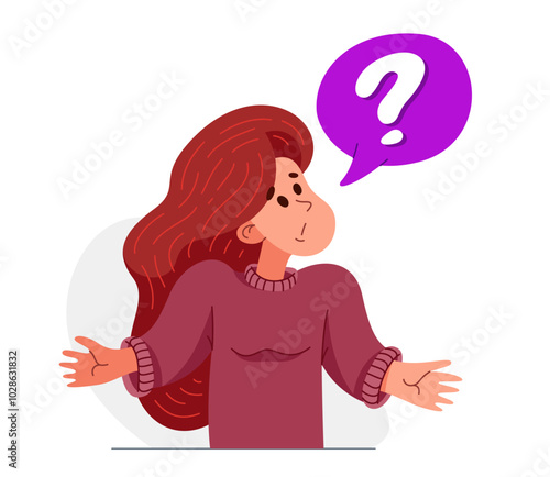Young woman having a doubt and question, vector illustration of a person who is hesitating and thinking about some problem, decide uncertainty.