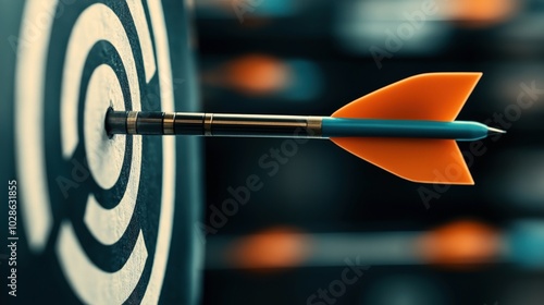 Close-up of a dart hitting the bullseye on a dartboard, symbolizing accuracy and precision in achieving goals.