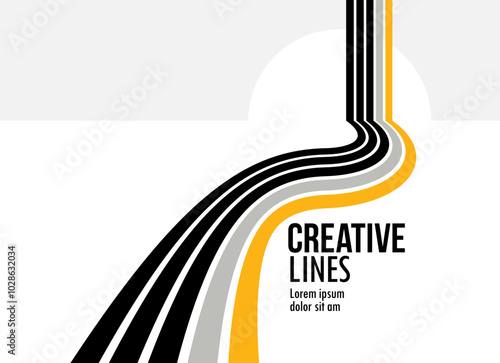 Linear composition vector road to horizon, abstract background with lines in 3D perspective, optical illusion op art, black and yellow colors.