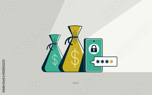 Money bags with smartphone financial safety concept poster, moneybags with phone and verification code vector icon style illustration, finance protection, two step verification.