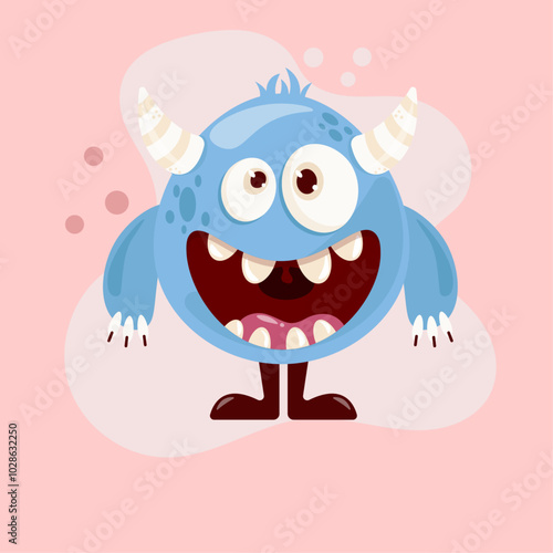 vector illustration in cartoon style, cute kind monster with a smile in blue color, children's illustration