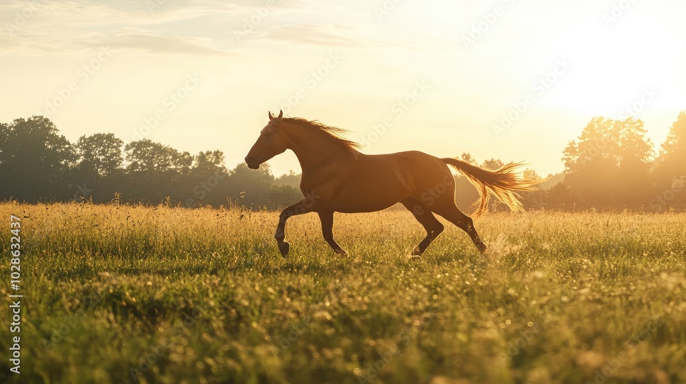 Horse Running in Golden Field at Sunset Horse Running in Golden Field at Sunset