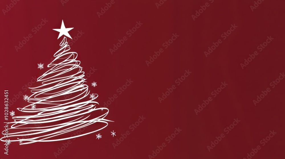 Aesthetic white Christmas tree made of with curved lines, red background, copy space. Greeting card. Generative AI Aesthetic white Christmas tree made of with curved lines, red background, copy space. Greeting card. Generative AI