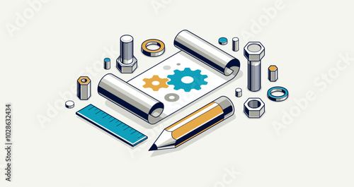Mechanical engineering project concept, engine draft plan drawing, technical scheme blueprint, paper sheet with gears 3D isometric vector illustration, repair tutorial.