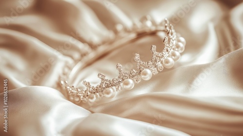 Elegant tiara resting on soft satin fabric