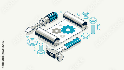 Technics repair manual guidebook concept, user manual and technics instruction brochure, paper sheet with gears and tools 3D isometric vector illustration, repair tutorial.