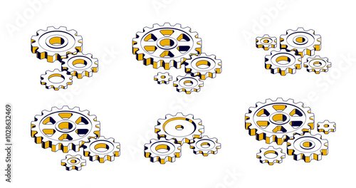 Mechanical engineering concept set, gears and cogs composition isometric 3D vector illustration, cogwheels system technology and technics machinery engine.