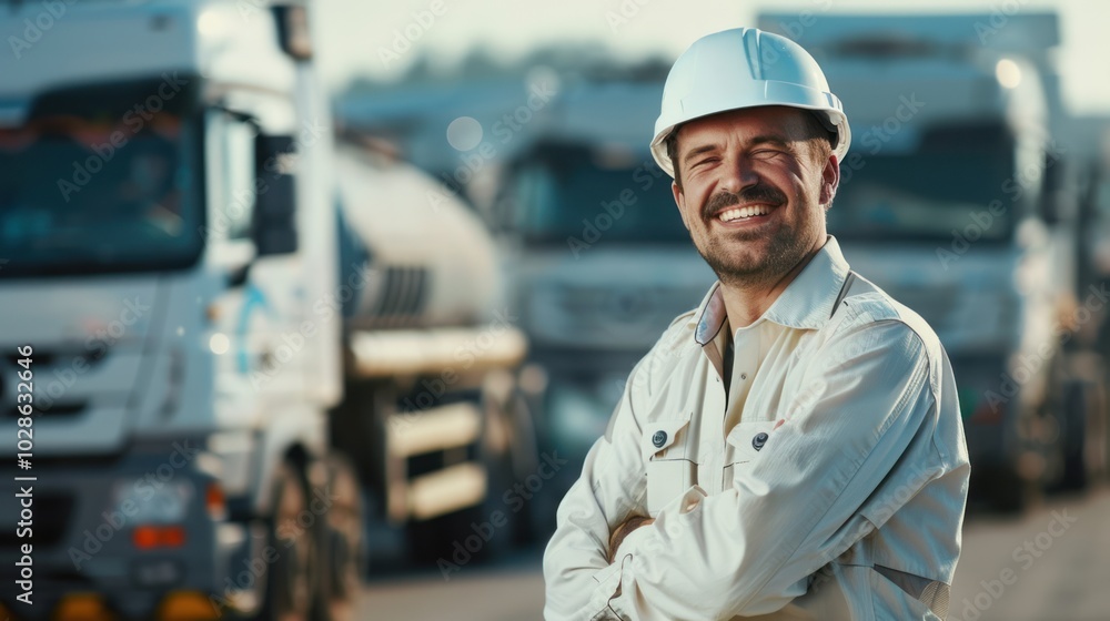 Smiling Construction Worker in Hardhat with Trucks in the Background Smiling Construction Worker in Hardhat with Trucks in the Background
