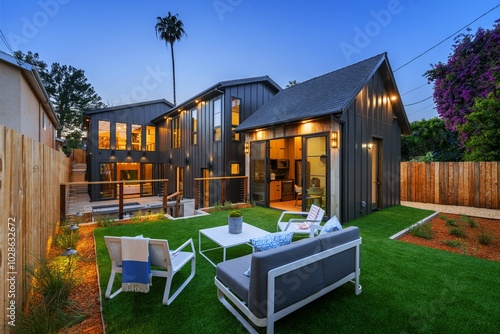 Backyard with stylish patio furniture, a lush lawn, and a sleek black house. Southern California