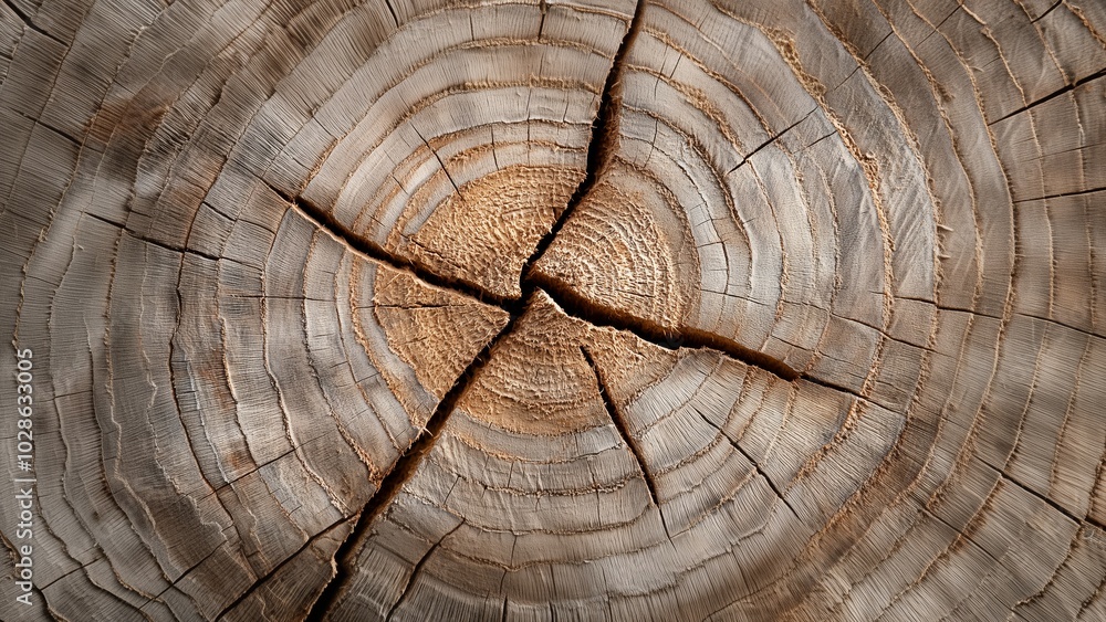 Naklejka premium Close-Up of Wooden Surface with Central Crack and Natural Grain Patterns, Light Beige and Brown Tones, Aged and Weathered Texture