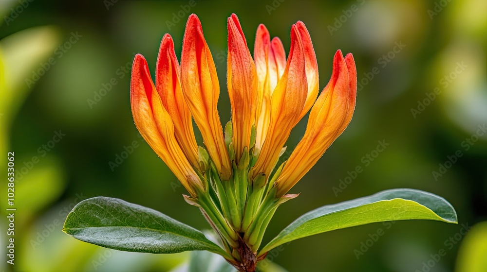 Fototapeta premium Vibrant Orange Flower with Green Leaves in Nature