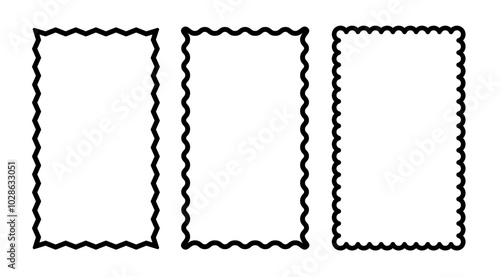Vertical rectangular contour frames with zigzag and scallop edges set. Outline rectangular text boxes and stories templates.