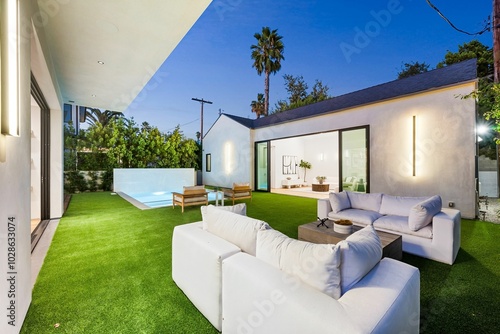 Modern backyard with artificial grass, stylish furniture, and a pool. Southern California