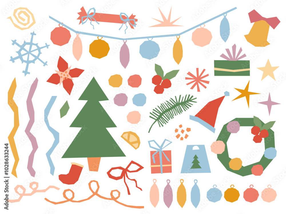Christmas vector elements set in modern cutout style. Winter decorations, garland, wreath, Christmas tree, baubles, gift boxes, ribbons, red berries. Simple illustrations, muted retro color palette Christmas vector elements set in modern cutout style. Winter decorations, garland, wreath, Christmas tree, baubles, gift boxes, ribbons, red berries. Simple illustrations, muted retro color palette