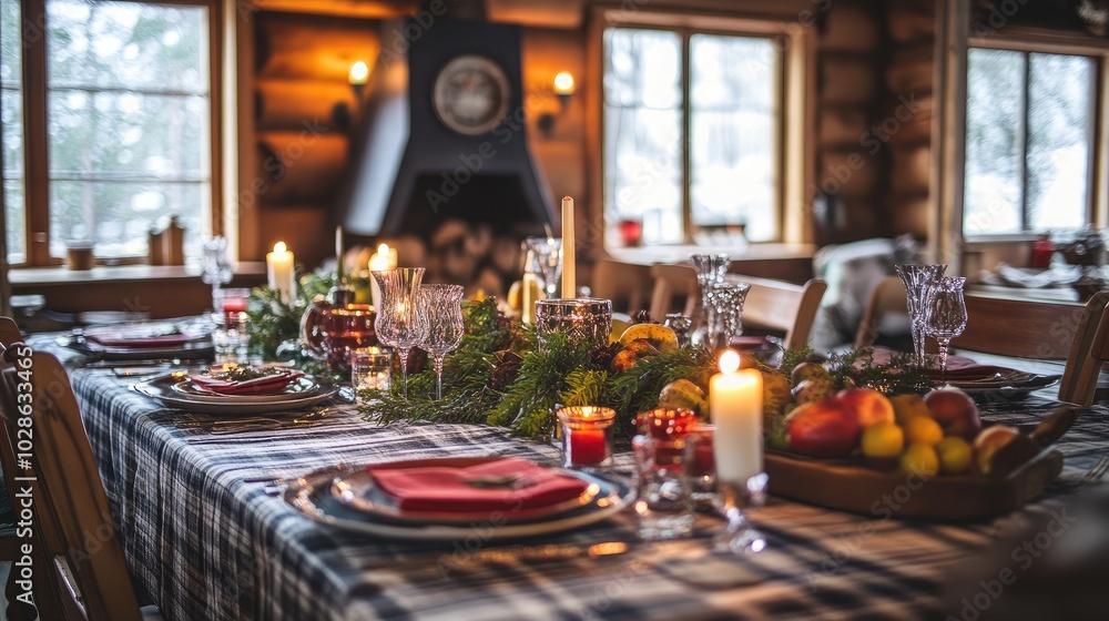 Cozy Dining Table with Checkered Tablecloth and Candles