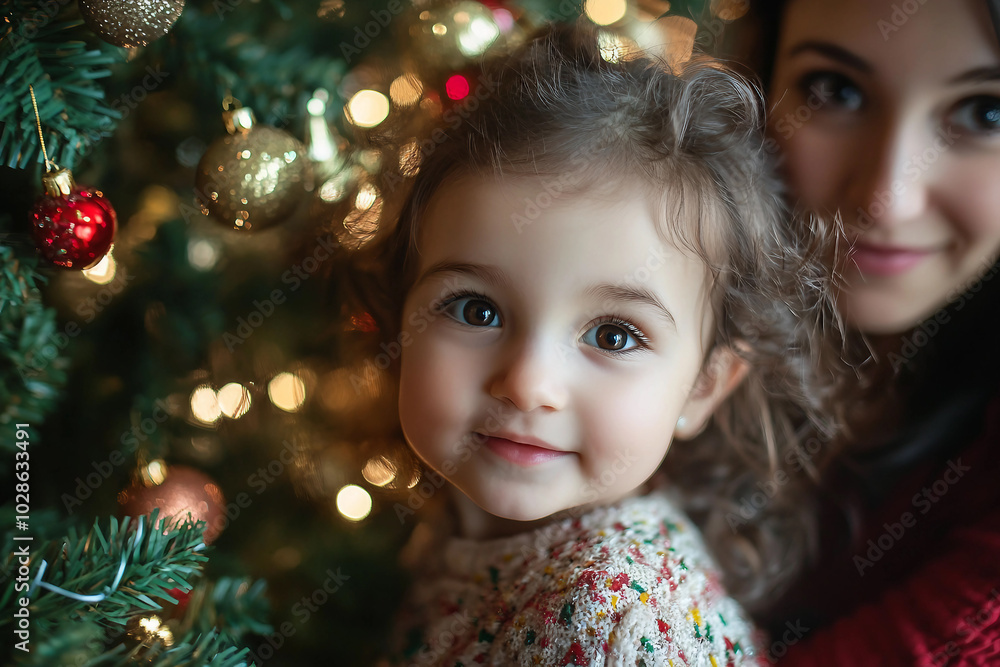 Generative AI image of mother father child couple family together by decorated Christmas tree holiday celebration themes Generative AI image of mother father child couple family together by decorated Christmas tree holiday celebration themes