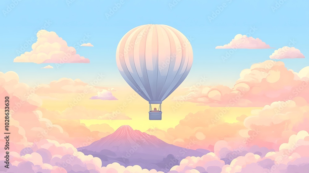 Fototapeta premium A hot air balloon soars above a mountain peak, with fluffy clouds in the sky.