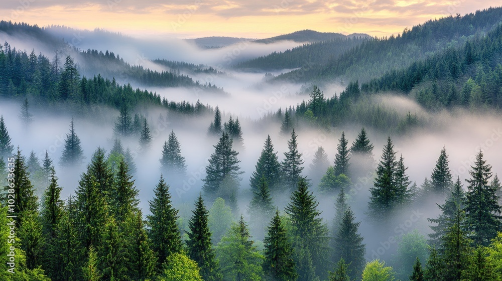 Fototapeta premium Serene Misty Forest Landscape at Sunrise