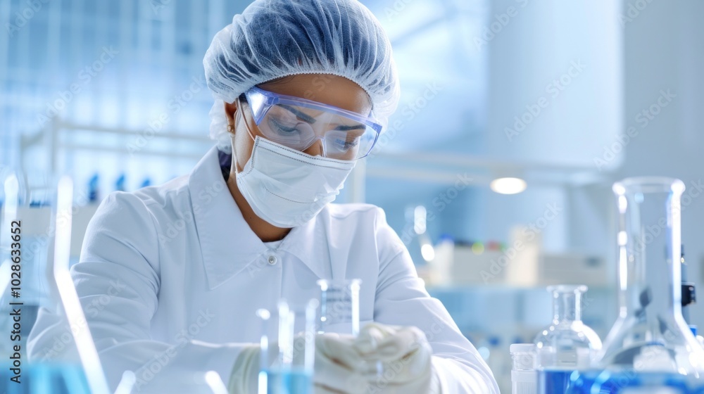 Scientist wearing protective gear conducting experiment in laboratory setting Scientist wearing protective gear conducting experiment in laboratory setting