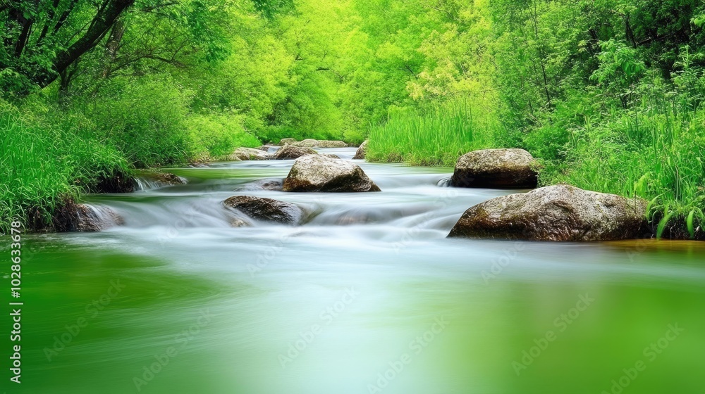 Serene Stream Flowing Through Lush Green Landscape Serene Stream Flowing Through Lush Green Landscape
