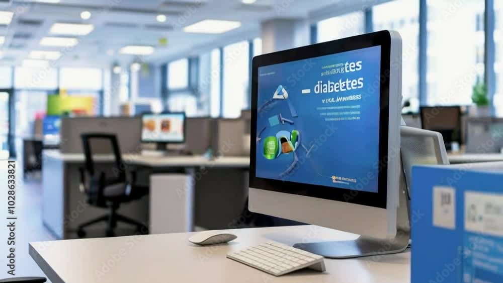 A computer display in an office showcasing app interfaces and promotional content. A computer display in an office showcasing app interfaces and promotional content.