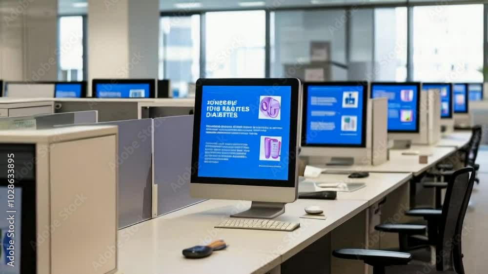 A modern office space with computers displaying digital content. A modern office space with computers displaying digital content.