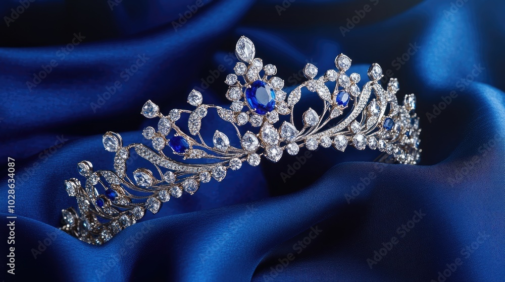 Elegant Silver Tiara with Blue Gemstones on Satin Fabric Elegant Silver Tiara with Blue Gemstones on Satin Fabric