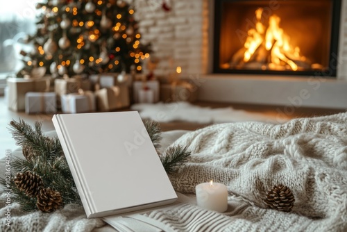 white book mockup on Christmas background. ai generated