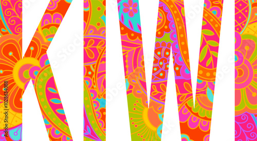 Kiwi colorful floral doodle pattern artistic text design. Fruit heading. Use for groceries, print art, menu design, merch