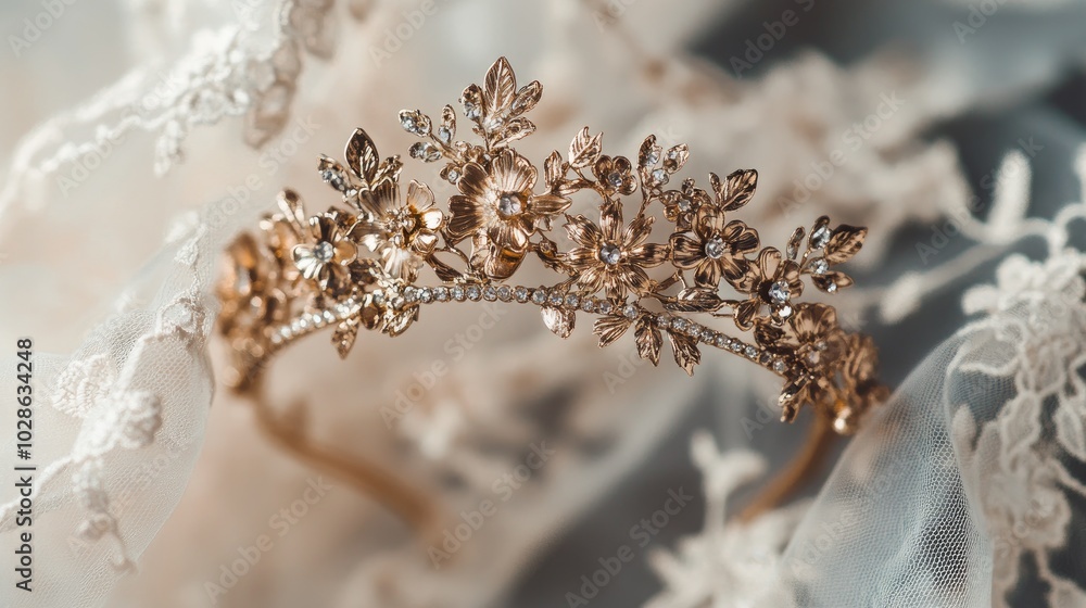 Naklejka premium Elegant Floral Tiara on Delicate Lace Fabric