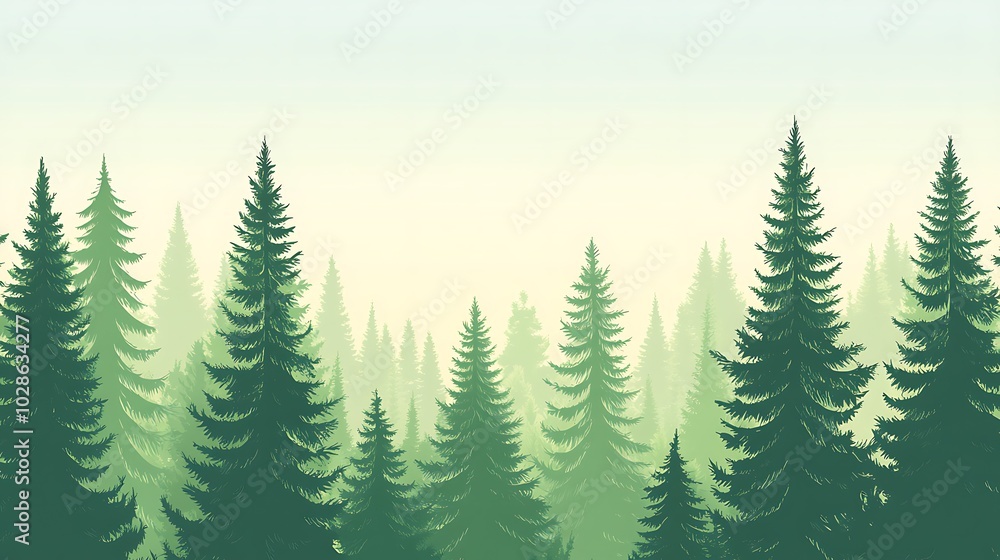 A misty forest landscape with tall pine trees silhouetted against a hazy sky. A misty forest landscape with tall pine trees silhouetted against a hazy sky.