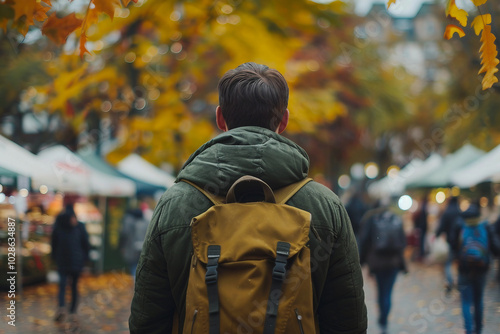 Seasonal autumn fair market with bright warm autumn colors, people crowd shopping having fun, Generative AI