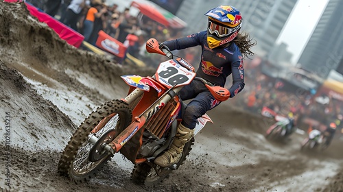 A female motocross racer speeds through a muddy track on a dirt bike. photo