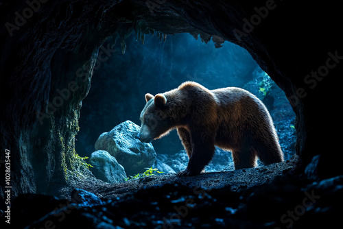 Curious bear is preparing to enter a mysterious and dark cave photo