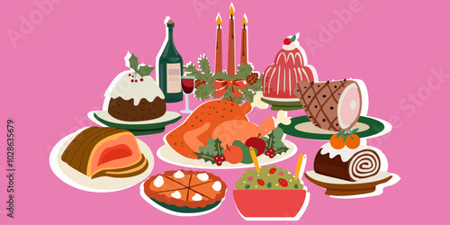 Roast turkey bird on a plate and other dishes for Thanksgiving or harvest festival. Festive table with turkey, candles, wine, salad, pumpkin pie, holiday jelly and baked pork. Vector food icons