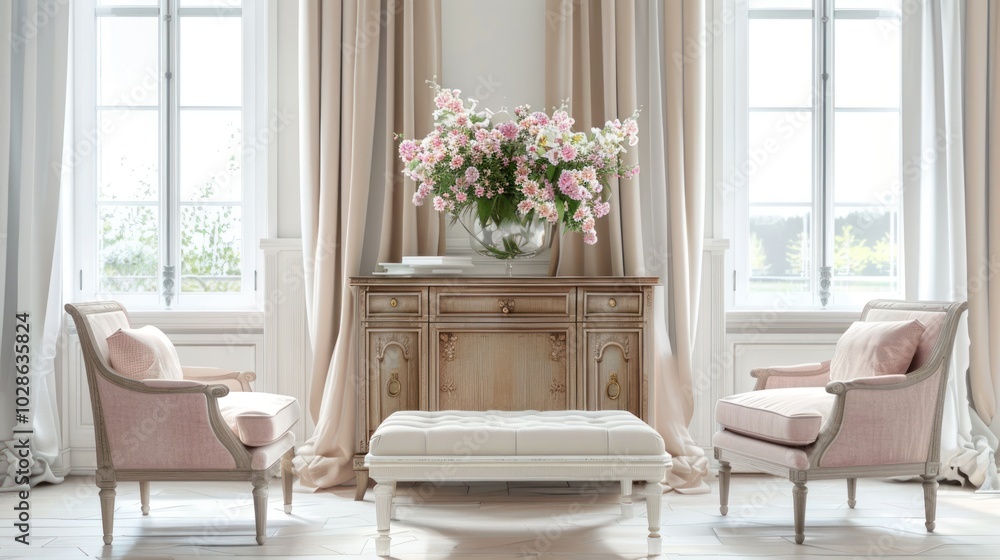 Two Pink Armchairs and a White Ottoman in a Light and Airy Living Room with Large Windows and Pale Curta Two Pink Armchairs and a White Ottoman in a Light and Airy Living Room with Large Windows and Pale Curta