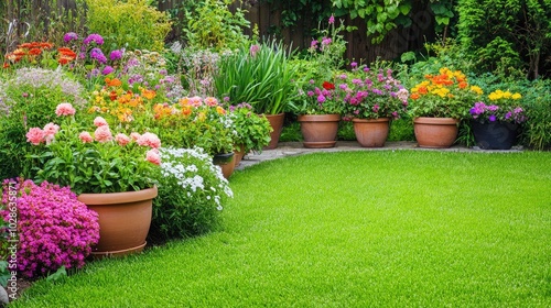Vibrant Flower Garden with Lush Green Lawn