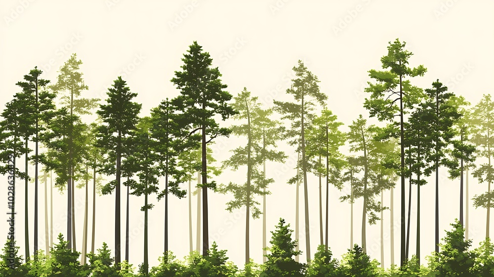 Fototapeta premium A seamless pattern of tall pine trees against a white background.