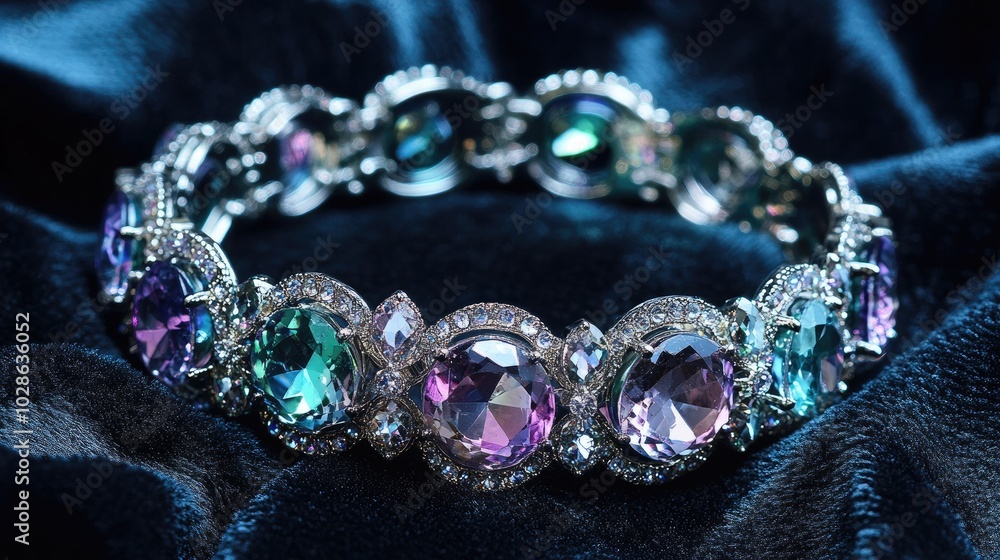 Elegant gemstone bracelet on luxurious fabric Elegant gemstone bracelet on luxurious fabric