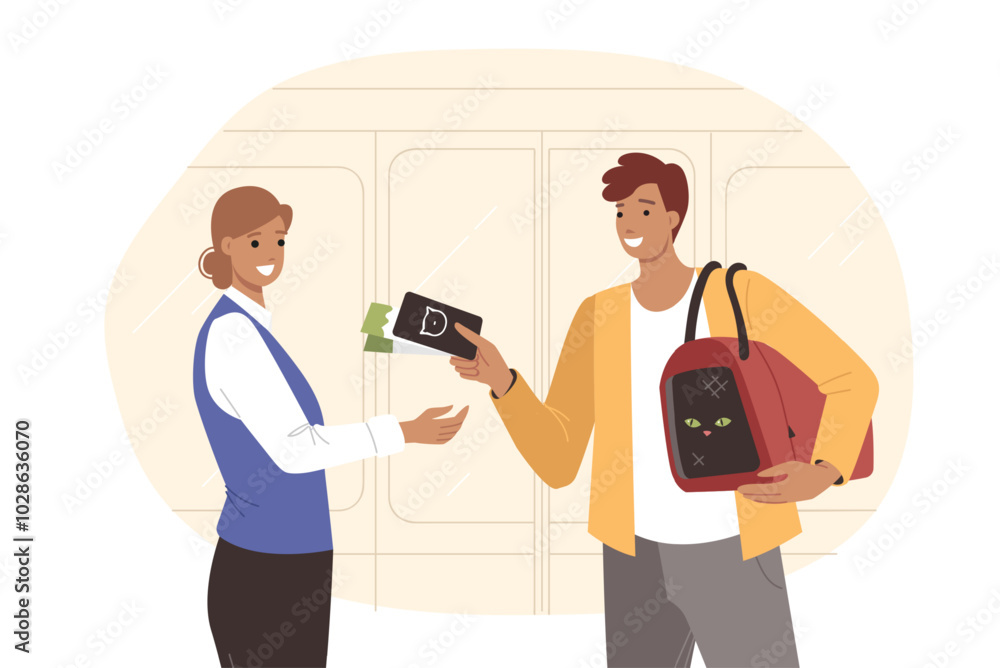 Man travels with pet and holds beloved cat in animals bag, handing tickets to happy woman ticket inspector. Traveling by public transport with pet, to visit veterinarian or meeting friends Man travels with pet and holds beloved cat in animals bag, handing tickets to happy woman ticket inspector. Traveling by public transport with pet, to visit veterinarian or meeting friends