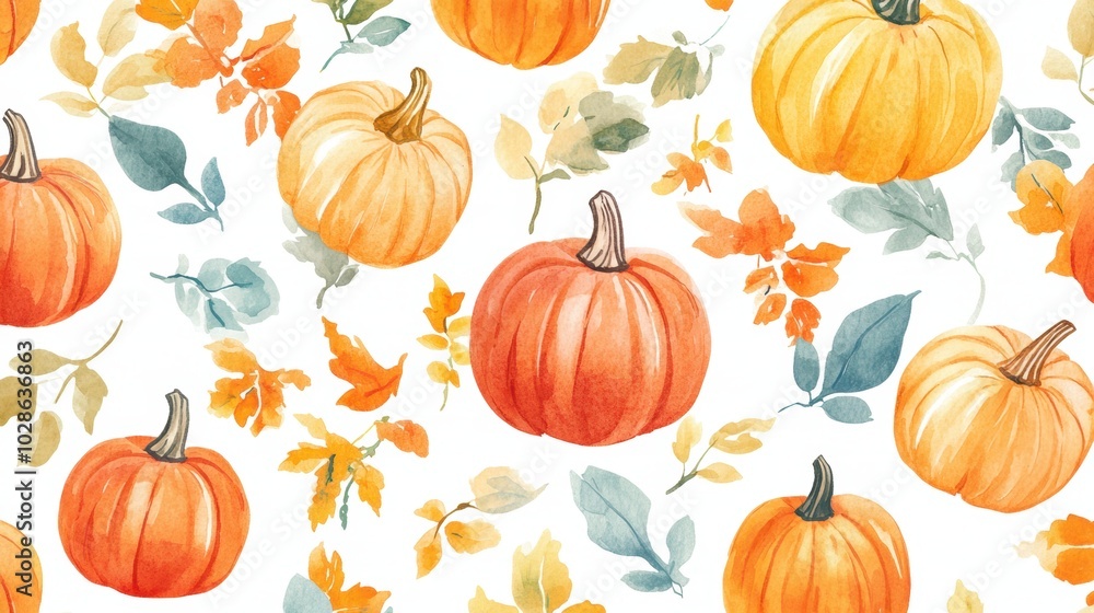 Seamless pattern featuring colorful pumpkins and fall foliage, beautifully illustrated in a hand-painted watercolor style. This autumn-themed design is perfect for seasonal projects and decorations. Seamless pattern featuring colorful pumpkins and fall foliage, beautifully illustrated in a hand-painted watercolor style. This autumn-themed design is perfect for seasonal projects and decorations.