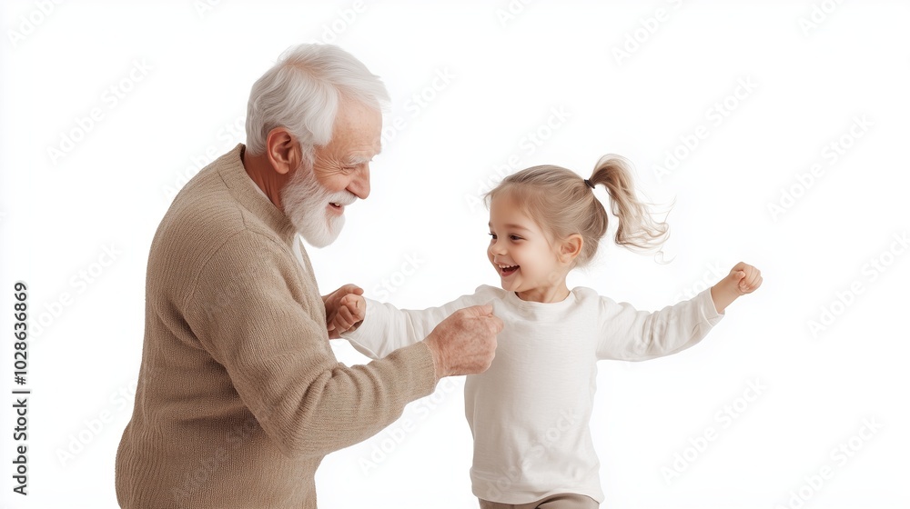 Grandfather and granddaughter joyfully dancing together in a bright, cheerful indoor setting at home during a family visit Grandfather and granddaughter joyfully dancing together in a bright, cheerful indoor setting at home during a family visit