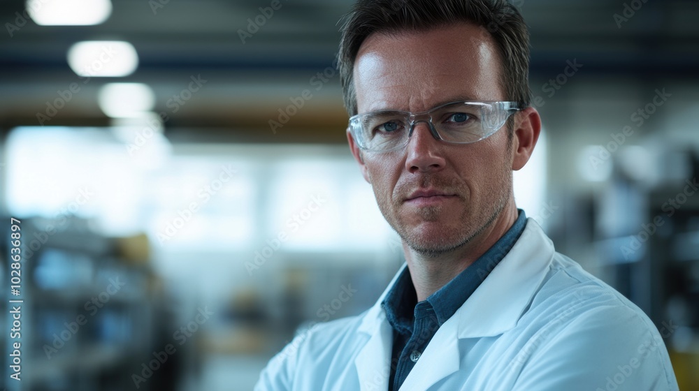 Fototapeta premium Male worker wearing a lab coat, looking at the camera in a factory workshop, minimal background with ample copy space.