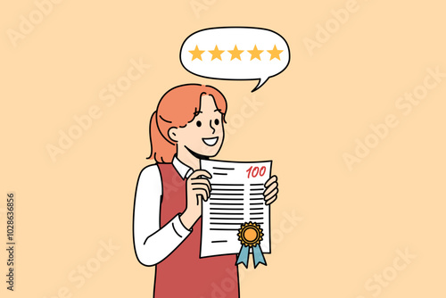 School girl received 100 points for educational test, for accelerated promotion to next grade. School girl demonstrates certificate of victory in olympiad and intellectual superiority over peers