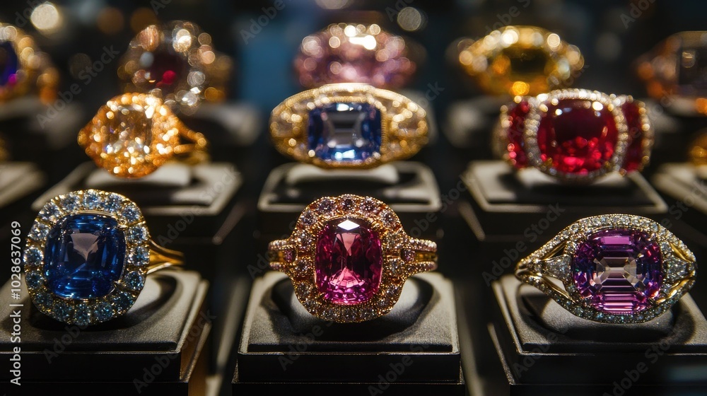 Elegant gemstone rings displayed in a showcase Elegant gemstone rings displayed in a showcase