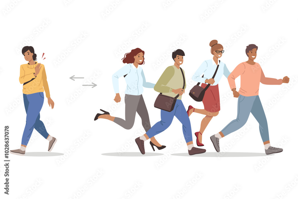 Woman has given up career race and wants to take different path from one imposed by society. Unambitious girl walks in opposite direction from running people, participants in career race. Woman has given up career race and wants to take different path from one imposed by society. Unambitious girl walks in opposite direction from running people, participants in career race.