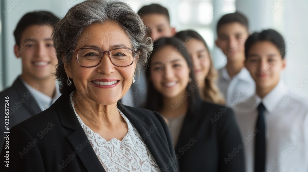 Smiling senior Latino woman with a group of young colleagues, all dressed in business attire, in a bright office space. Simple, open background. Smiling senior Latino woman with a group of young colleagues, all dressed in business attire, in a bright office space. Simple, open background.