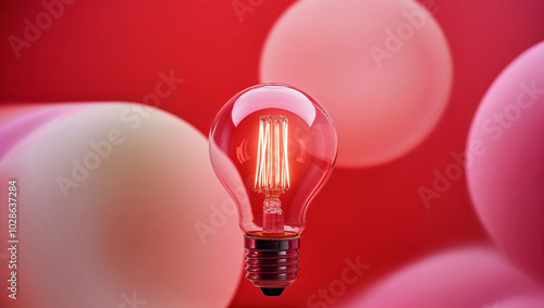 Una lampadina accesa emette luce su uno sfondo rosso e colorato con effetto bokeh photo