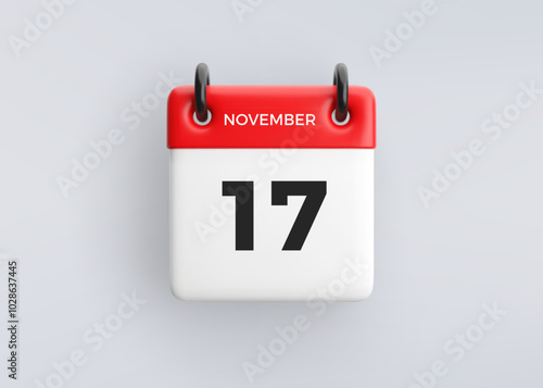 3D calendar icon with date 17 November on grey background. Vector schedule symbol.